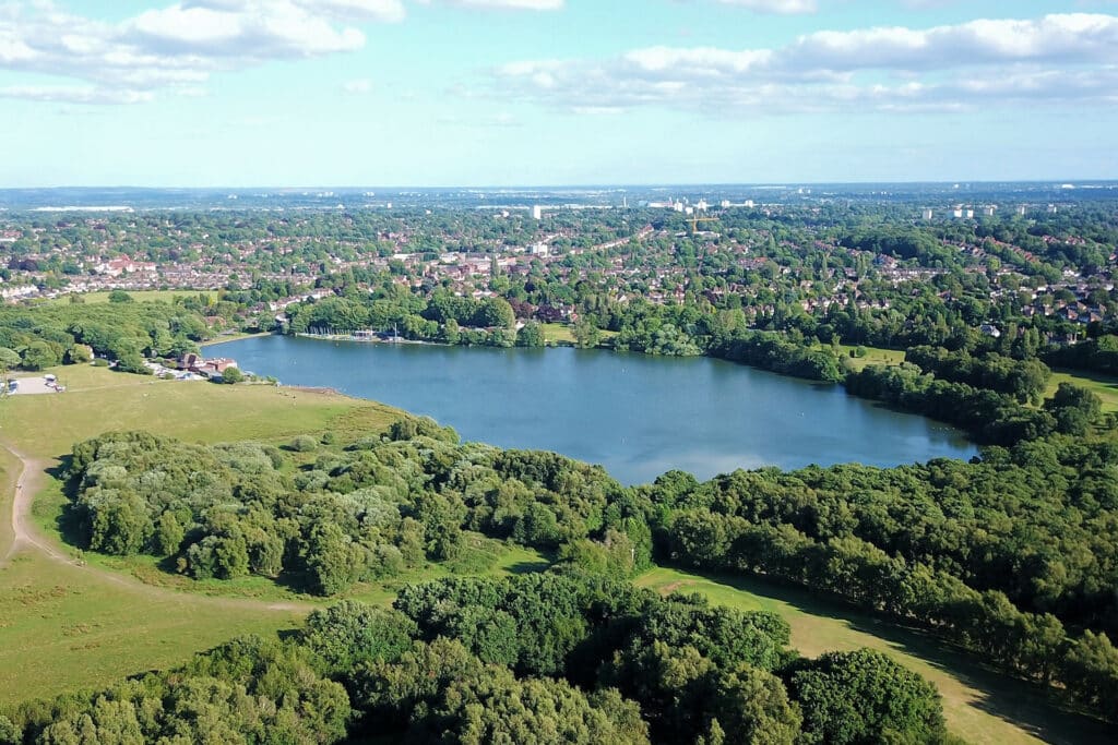 an aerial view of powells pool in sutton park